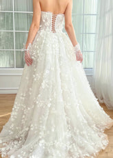 Poppy | Stunning White Strapless Floral Corset Wedding Dress - White Floral - PromDressClub